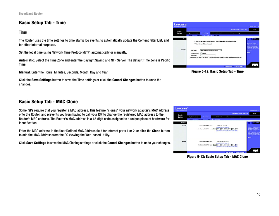 Basic setup tab - time, Basic setup tab - mac clone | Linksys RT042 User Manual | Page 22 / 68