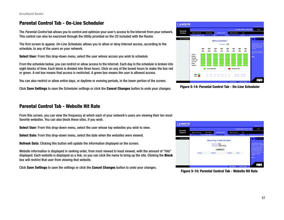 Parental control tab - on-line scheduler, Parental control tab - website hit rate | Linksys RT042 User Manual | Page 23 / 68