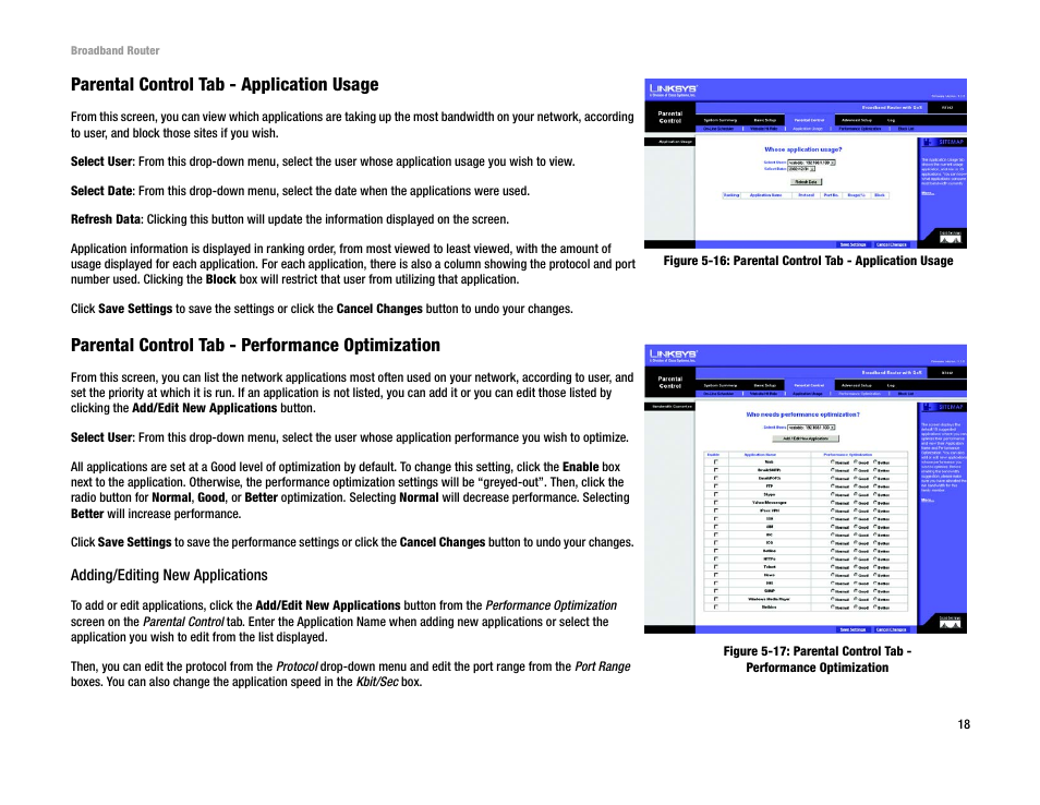 Parental control tab - application usage, Parental control tab - performance optimization | Linksys RT042 User Manual | Page 24 / 68