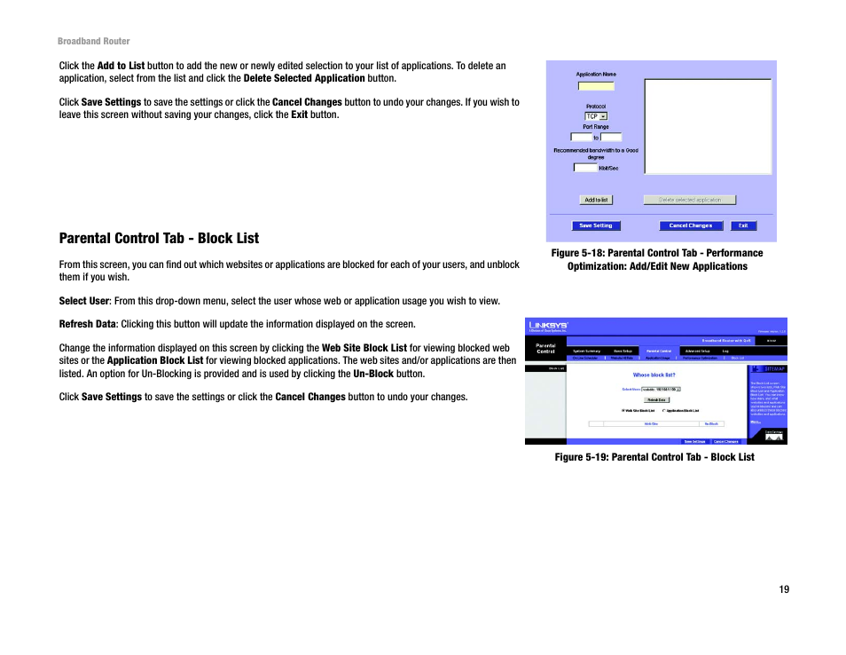 Parental control tab - block list | Linksys RT042 User Manual | Page 25 / 68