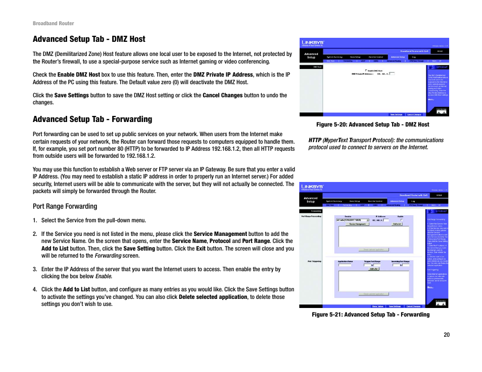 Advanced setup tab - dmz host, Advanced setup tab - forwarding | Linksys RT042 User Manual | Page 26 / 68