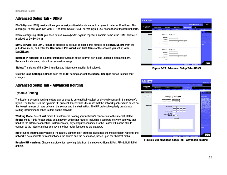Advanced setup tab - ddns, Advanced setup tab - advanced routing | Linksys RT042 User Manual | Page 28 / 68