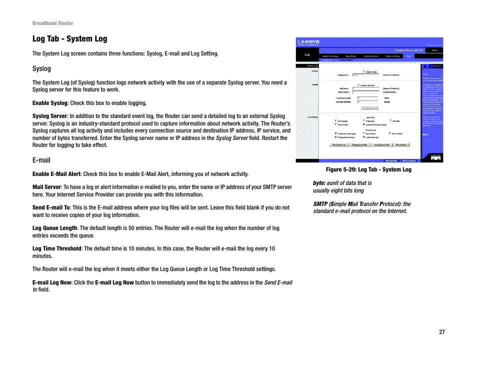 Log tab - system log | Linksys RT042 User Manual | Page 33 / 68