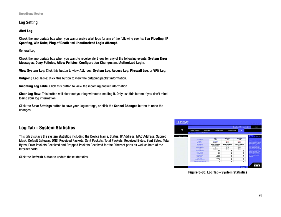 Log tab - system statistics | Linksys RT042 User Manual | Page 34 / 68