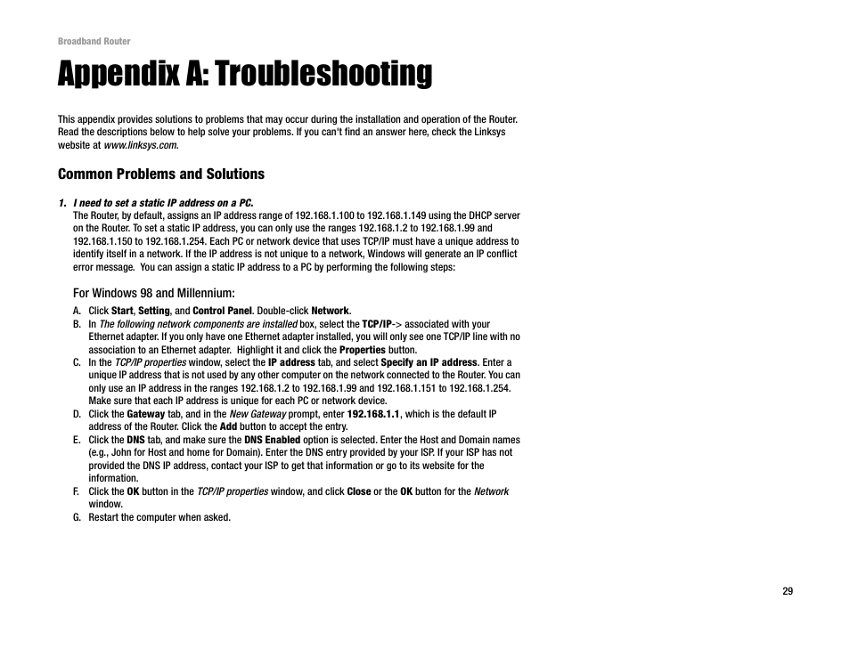 Appendix a: troubleshooting | Linksys RT042 User Manual | Page 35 / 68