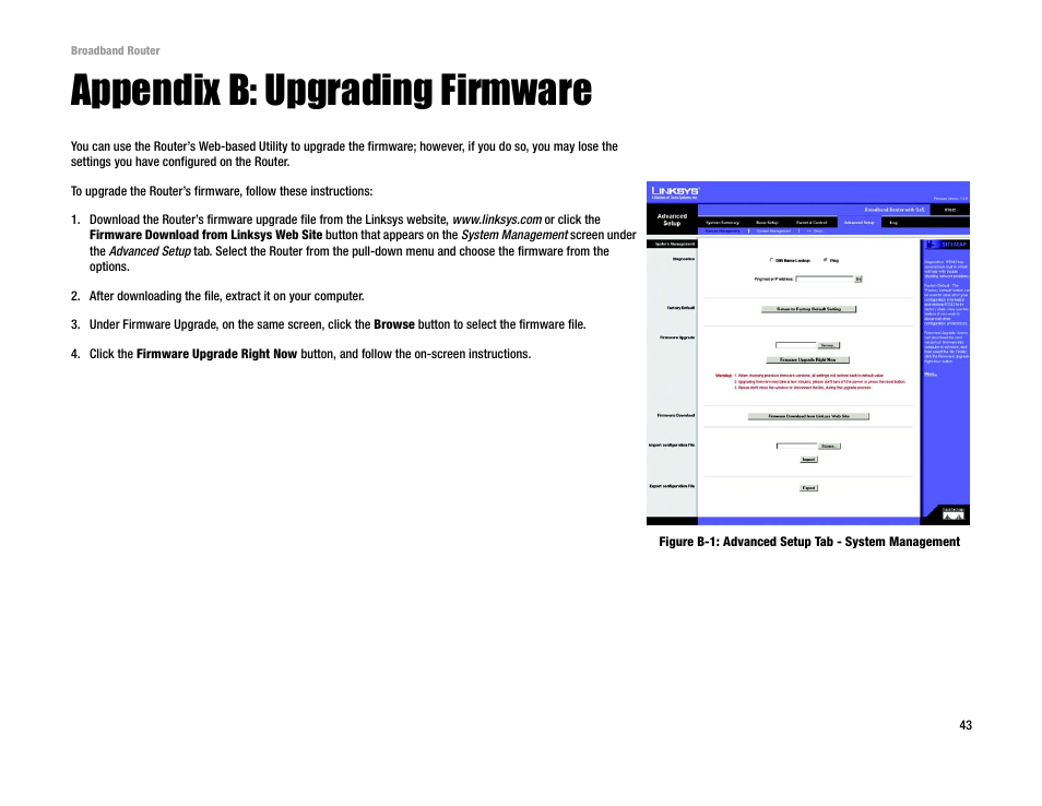 Appendix b: upgrading firmware | Linksys RT042 User Manual | Page 49 / 68