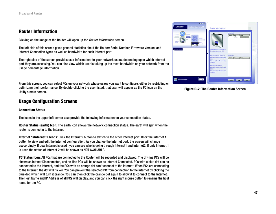 Router information, Usage configuration screens | Linksys RT042 User Manual | Page 53 / 68