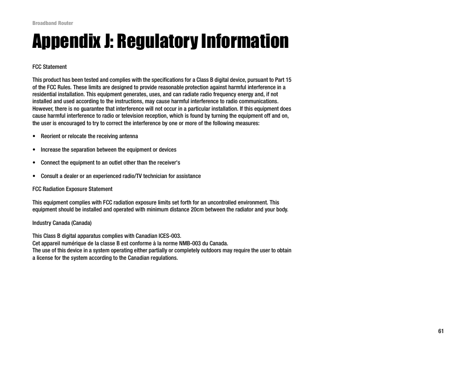 Appendix j: regulatory information | Linksys RT042 User Manual | Page 67 / 68