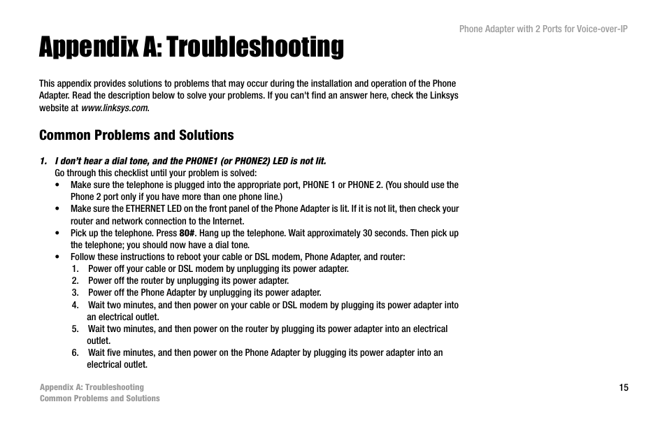 Appendix a: troubleshooting, Common problems and solutions | Linksys PAP2-VU User Manual | Page 20 / 46