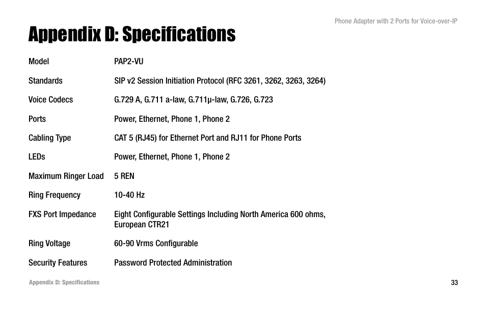 Appendix d: specifications | Linksys PAP2-VU User Manual | Page 38 / 46