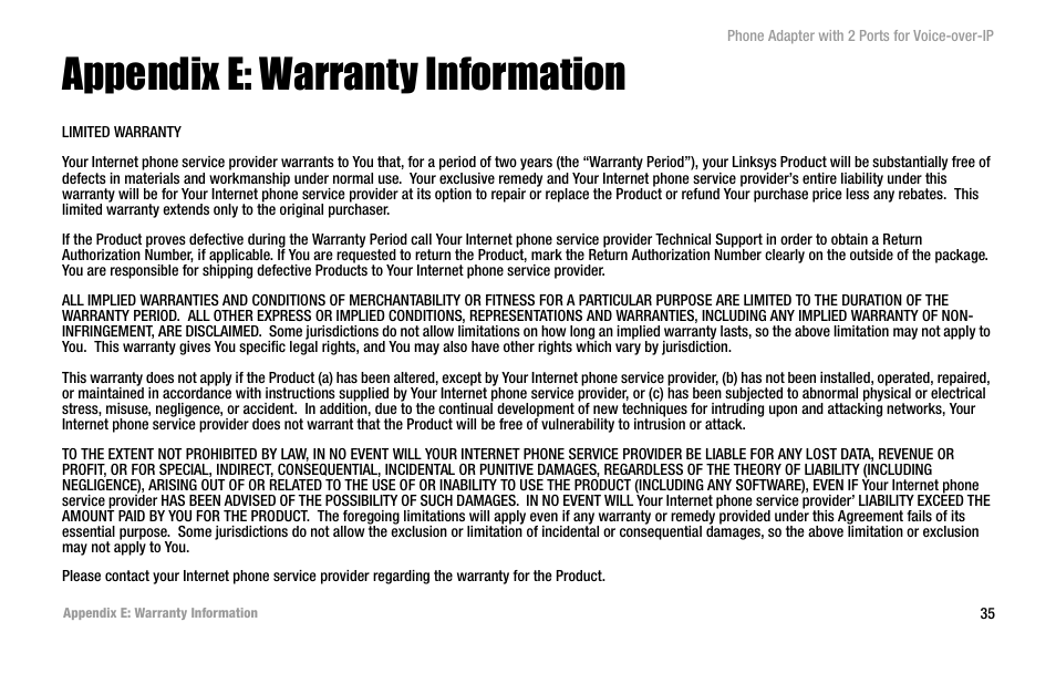 Appendix e: warranty information | Linksys PAP2-VU User Manual | Page 40 / 46