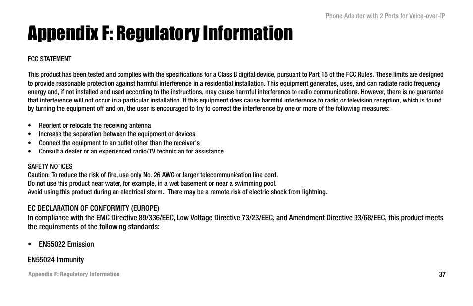 Appendix f: regulatory information | Linksys PAP2-VU User Manual | Page 42 / 46