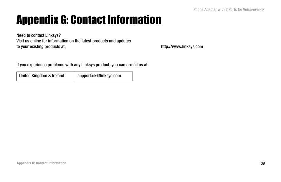 Appendix g: contact information | Linksys PAP2-VU User Manual | Page 44 / 46