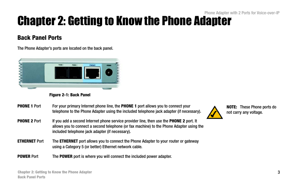 Chapter 2: getting to know the phone adapter, Back panel ports, Figure 2-1: back panel | Linksys PAP2-VU User Manual | Page 8 / 46