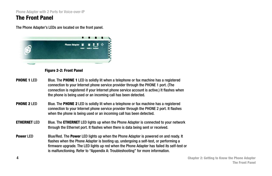 The front panel, Figure 2-2: front panel | Linksys PAP2-VU User Manual | Page 9 / 46