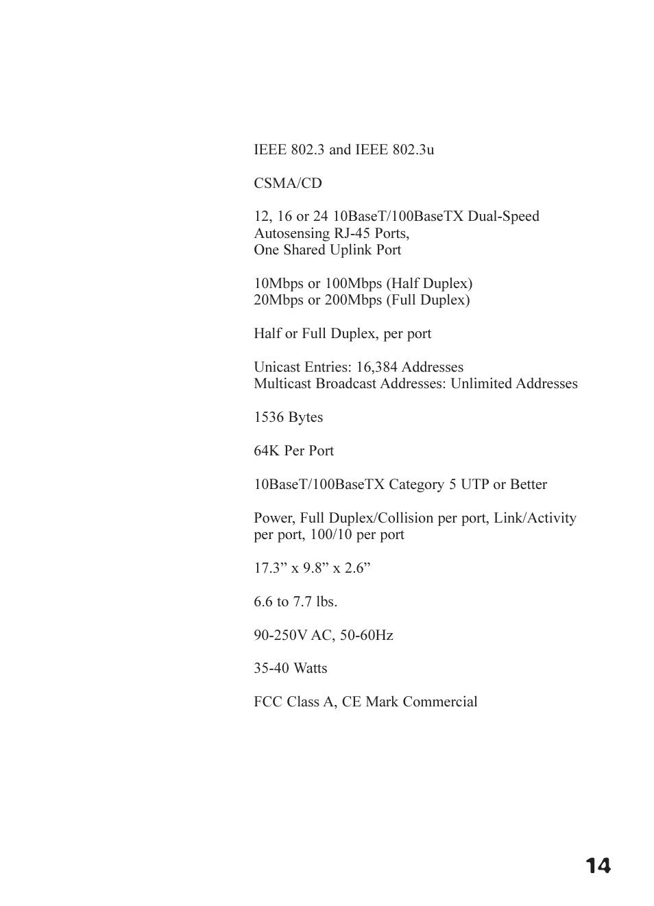 Specifications | Linksys DSSXFXST User Manual | Page 16 / 20