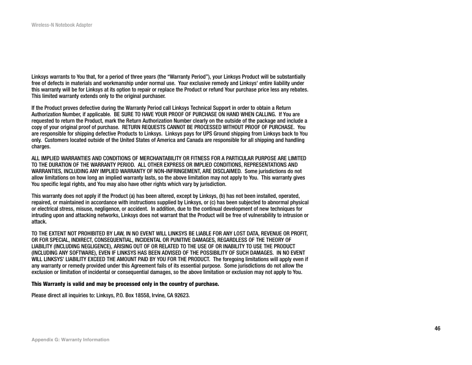 Appendix g: warranty information | Linksys 2 User Manual | Page 52 / 65