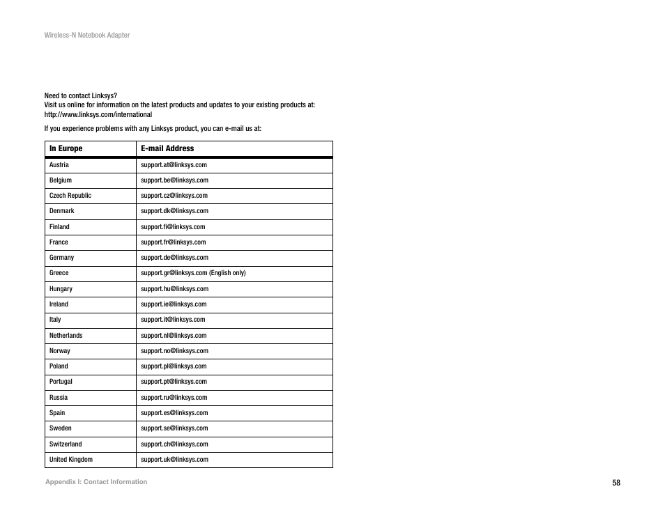 Appendix i: contact information | Linksys 2 User Manual | Page 64 / 65