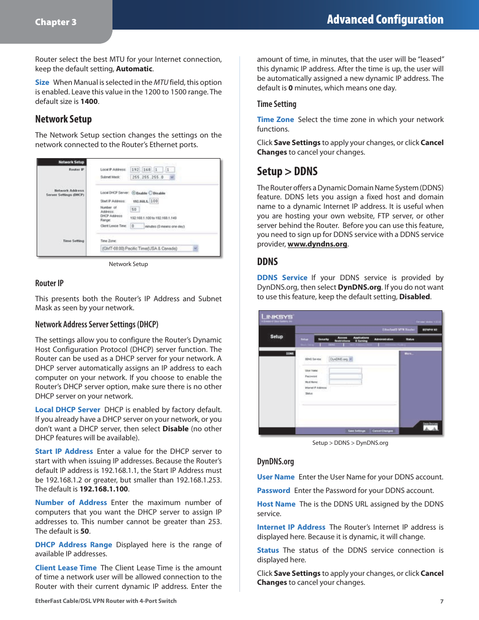Setup > ddns, Advanced configuration, Network setup | Ddns | Linksys BEFVP41 User Manual | Page 11 / 45