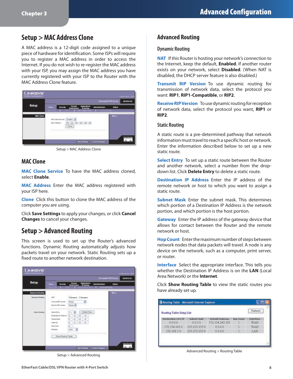 Setup > mac address clone, Setup > advanced routing, Setup > mac address clone setup > advanced routing | Advanced configuration, Mac clone, Advanced routing | Linksys BEFVP41 User Manual | Page 12 / 45