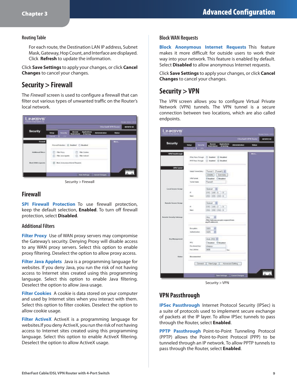 Security > firewall, Security > vpn, Security > firewall security > vpn | Advanced configuration, Firewall, Vpn passthrough | Linksys BEFVP41 User Manual | Page 13 / 45