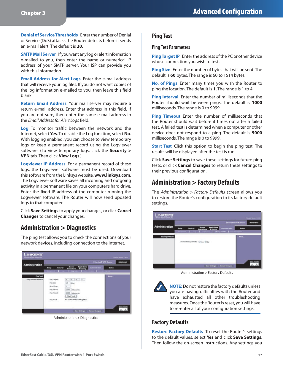 Administration > diagnostics, Administration > factory defaults, Advanced configuration | Ping test, Factory defaults | Linksys BEFVP41 User Manual | Page 21 / 45