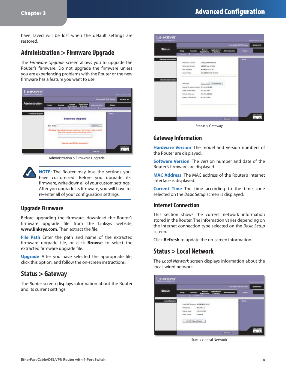 Administration > firmware upgrade, Status > gateway, Status > local network | Advanced configuration, Upgrade firmware, Gateway information, Internet connection | Linksys BEFVP41 User Manual | Page 22 / 45
