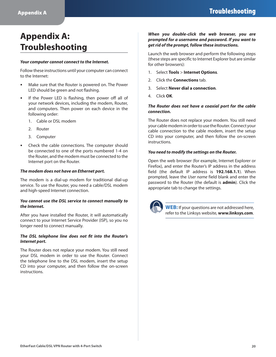 Appendix a: troubleshooting, Troubleshooting | Linksys BEFVP41 User Manual | Page 24 / 45