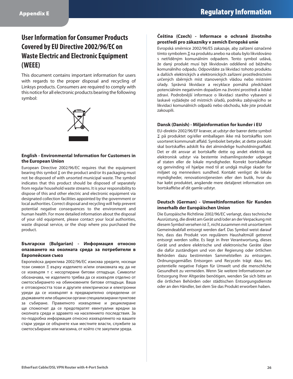 Electric and electronic equipment (weee), Regulatory information | Linksys BEFVP41 User Manual | Page 30 / 45