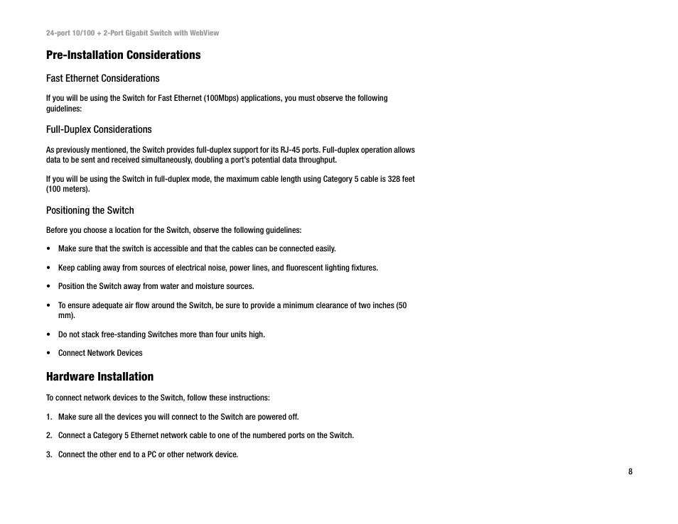 Pre-installation considerations, Hardware installation | Linksys SRW224 User Manual | Page 14 / 47
