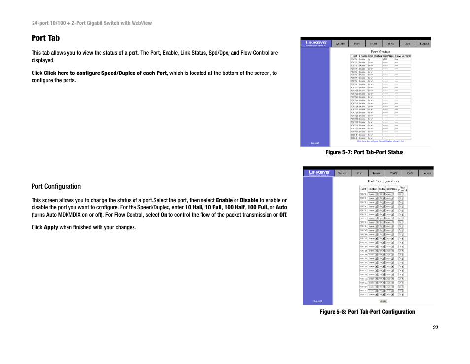 Port tab | Linksys SRW224 User Manual | Page 28 / 47