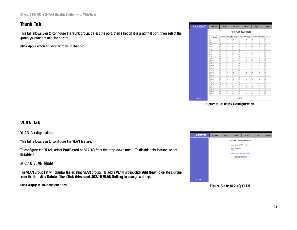 Trunk tab, Vlan tab | Linksys SRW224 User Manual | Page 29 / 47