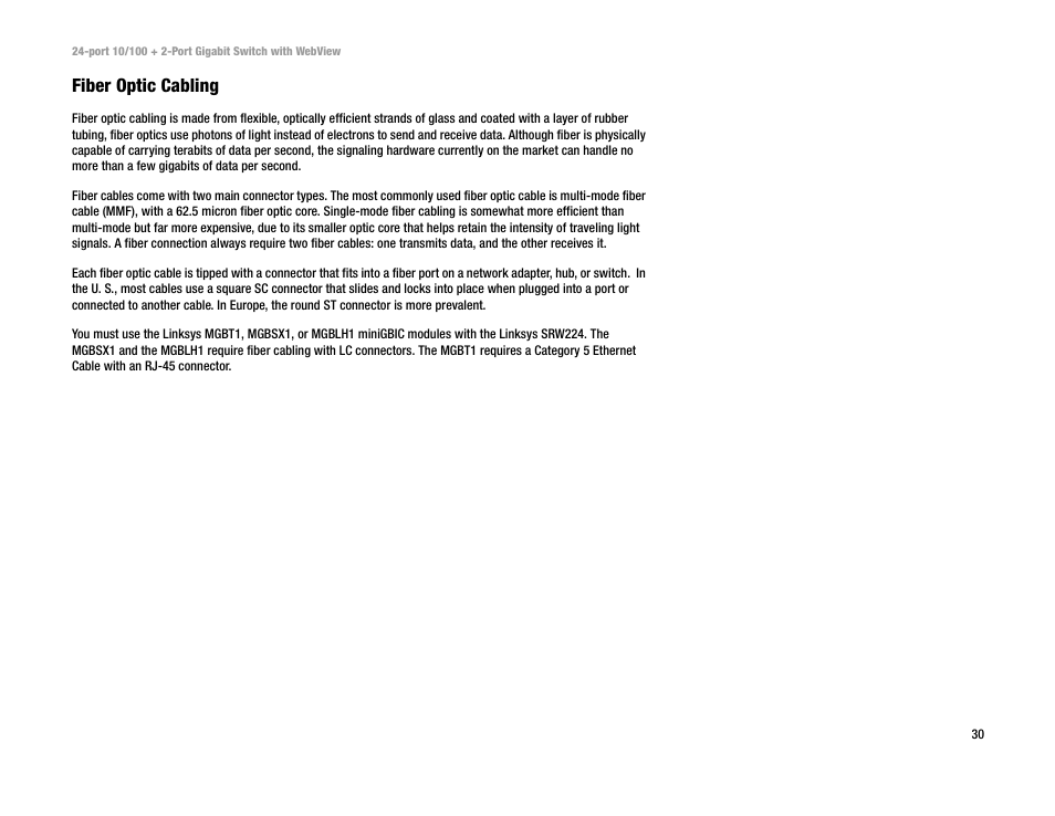 Fiber optic cabling | Linksys SRW224 User Manual | Page 36 / 47