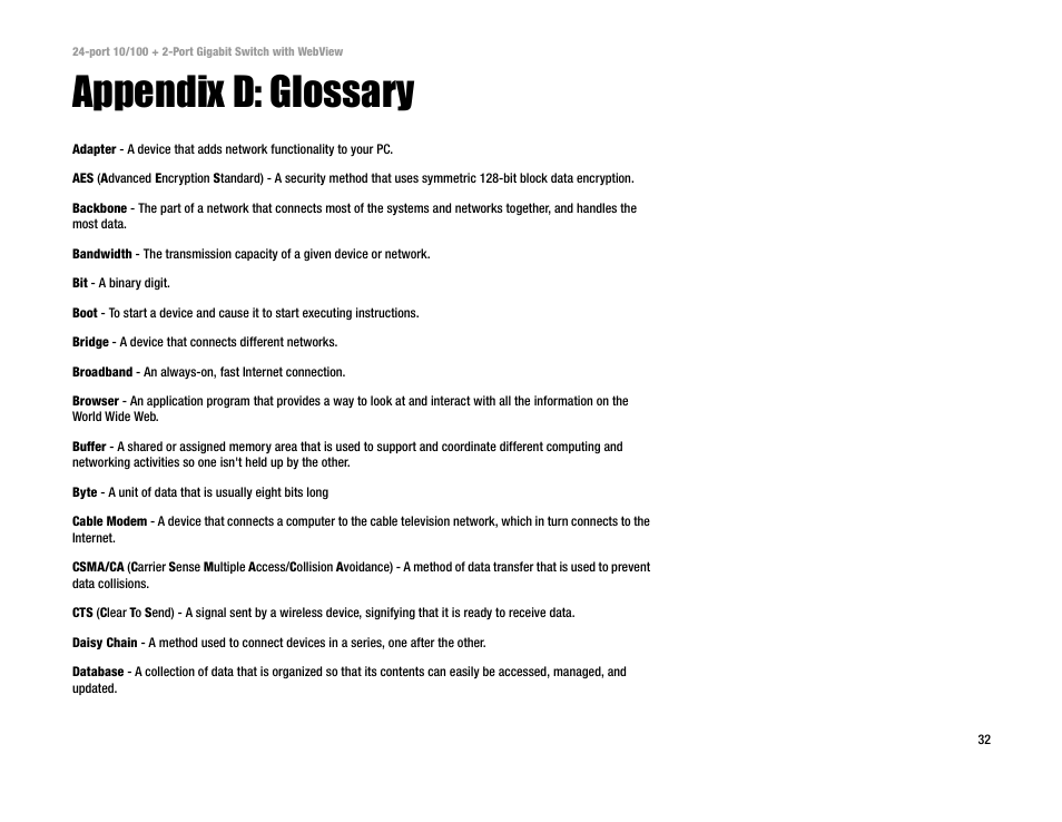 Appendix d: glossary | Linksys SRW224 User Manual | Page 37 / 47
