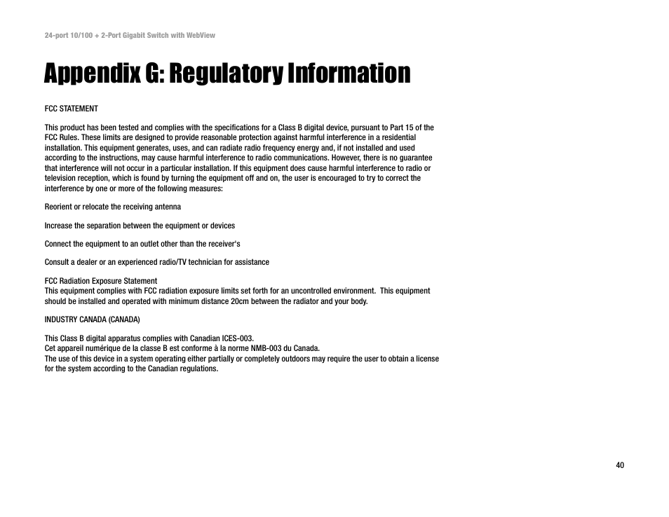 Appendix g: regulatory information | Linksys SRW224 User Manual | Page 46 / 47