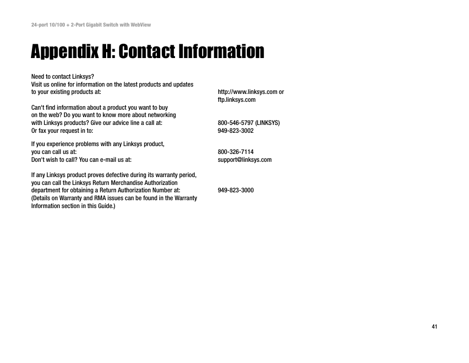 Appendix h: contact information | Linksys SRW224 User Manual | Page 47 / 47