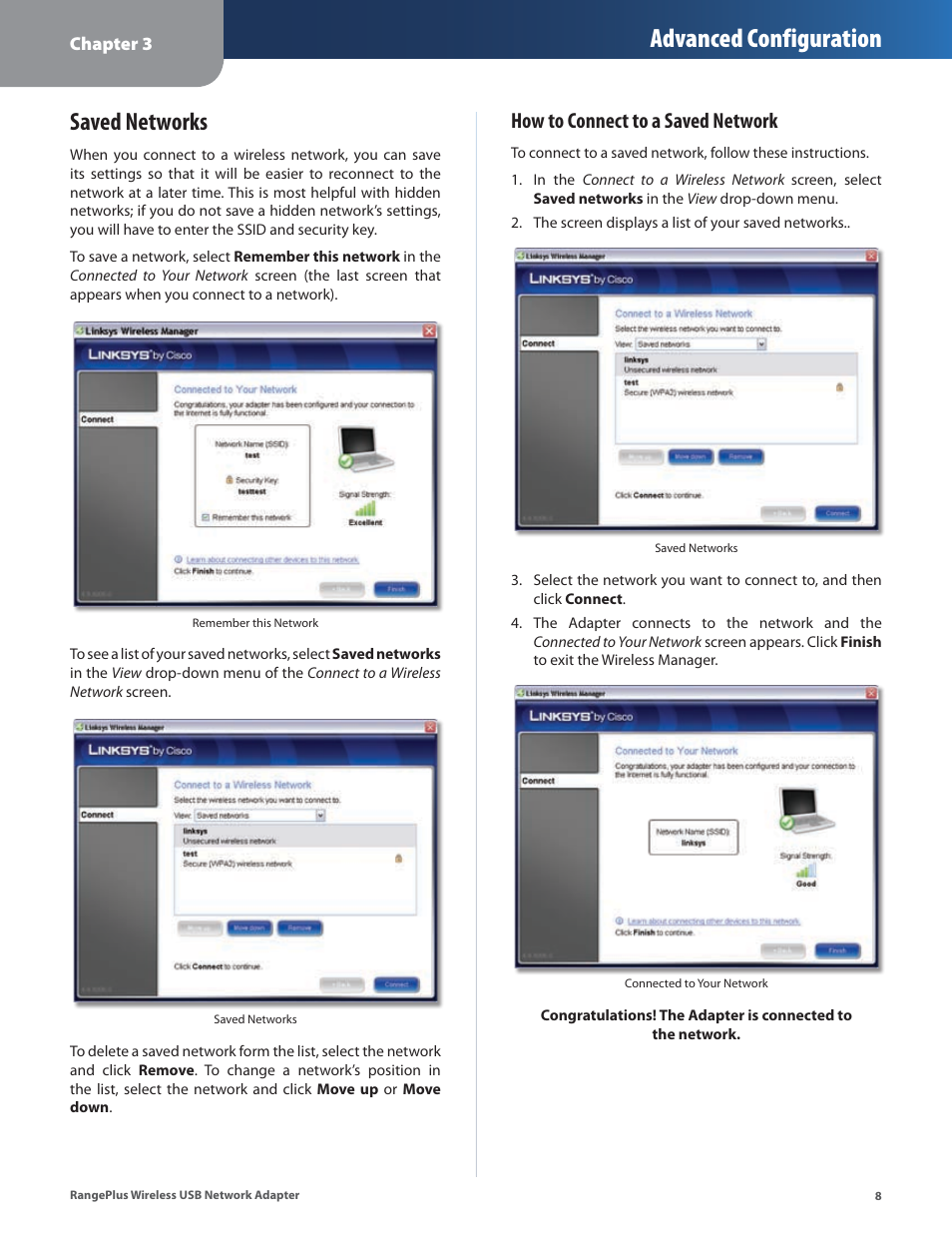 Saved networks, Advanced configuration, How to connect to a saved network | Linksys WUSB100 User Manual | Page 12 / 34