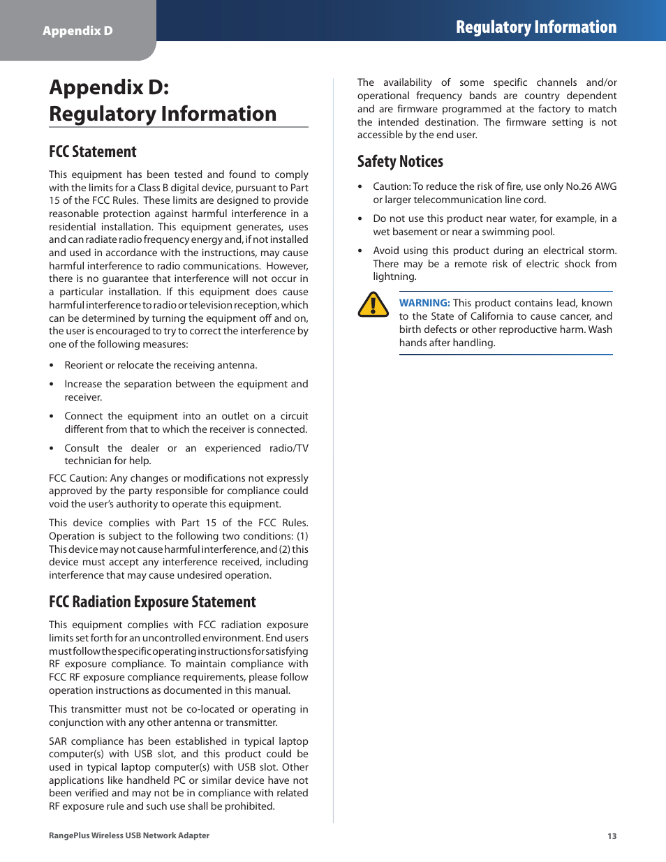 Appendix d: regulatory information, Fcc statement, Fcc radiation exposure statement | Safety notices, Regulatory information | Linksys WUSB100 User Manual | Page 17 / 34