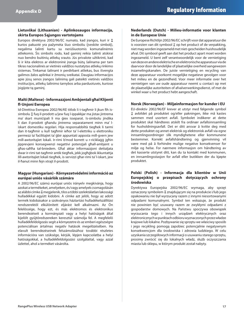 Regulatory information, Appendix d | Linksys WUSB100 User Manual | Page 21 / 34