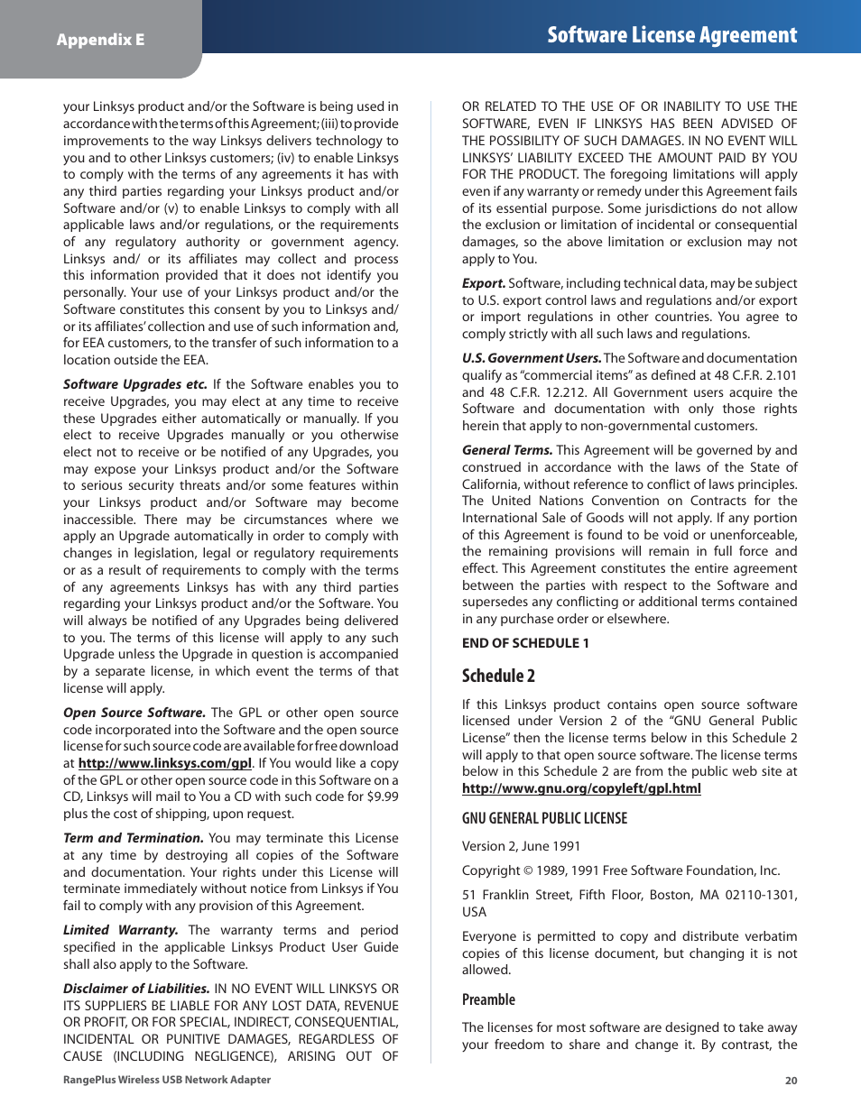 Software license agreement, Schedule 2 | Linksys WUSB100 User Manual | Page 24 / 34