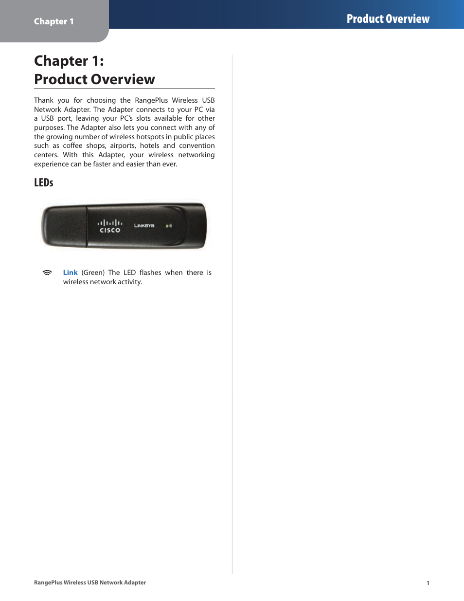Chapter 1: product overview, Leds, Product overview | Linksys WUSB100 User Manual | Page 5 / 34