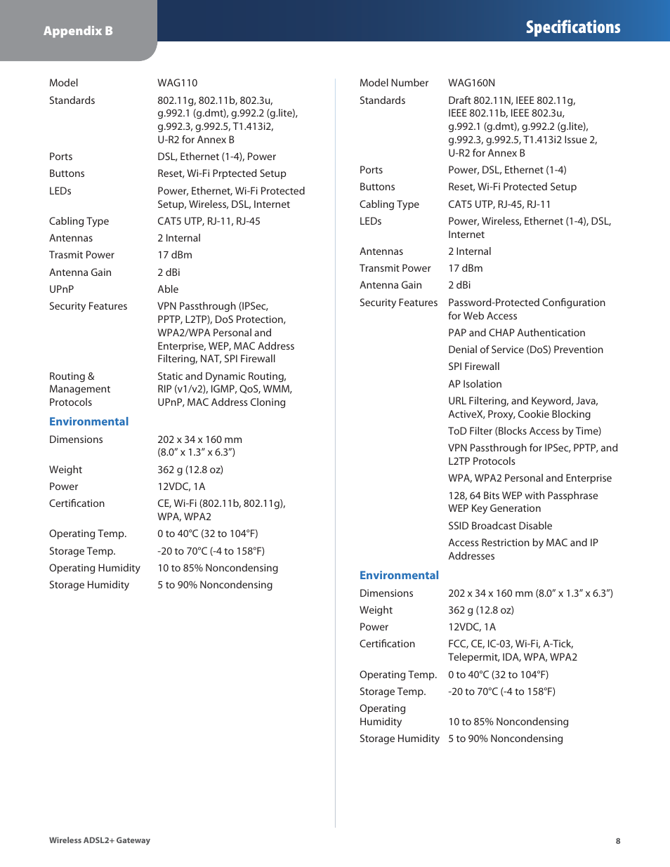 Specifications | Linksys WAG54G2 User Manual | Page 11 / 33