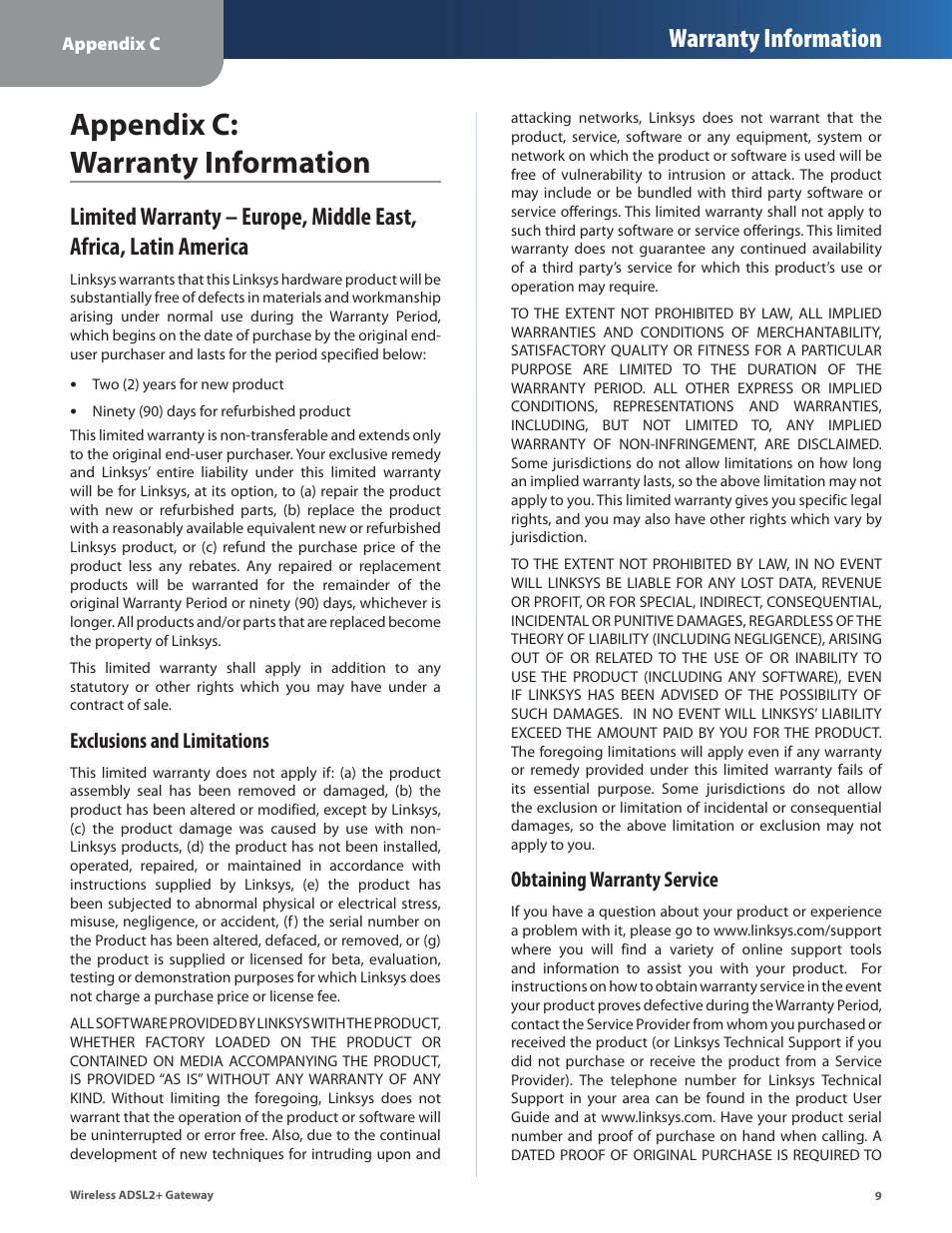 Appendix c: warranty information, Warranty information, Exclusions and limitations | Obtaining warranty service | Linksys WAG54G2 User Manual | Page 12 / 33