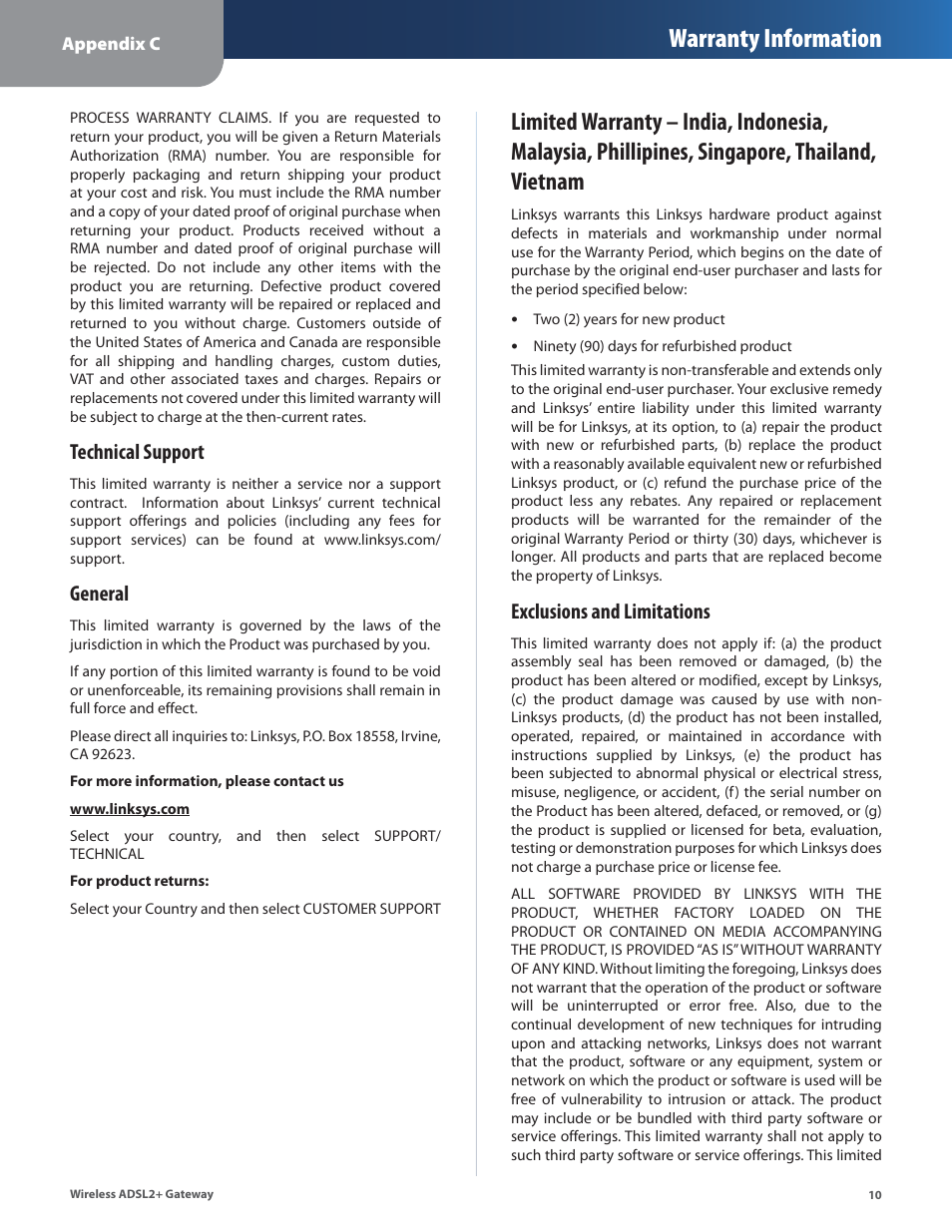 Warranty information, Technical support, General | Exclusions and limitations | Linksys WAG54G2 User Manual | Page 13 / 33