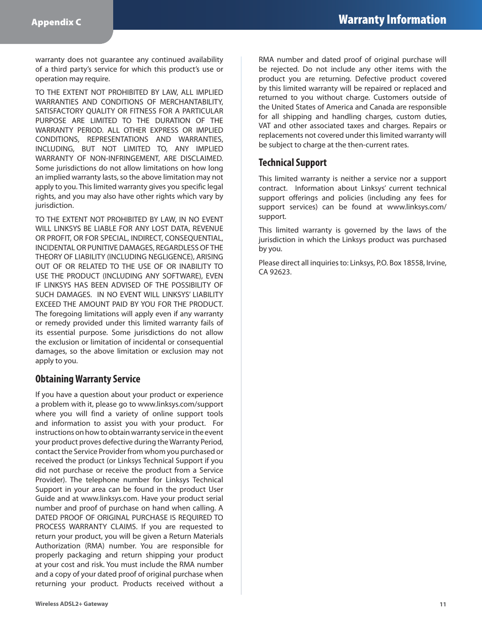 Warranty information, Obtaining warranty service, Technical support | Linksys WAG54G2 User Manual | Page 14 / 33
