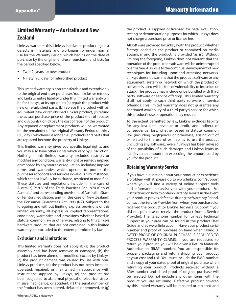Limited warranty – australia and new zealand, Warranty information, Exclusions and limitations | Obtaining warranty service | Linksys WAG54G2 User Manual | Page 15 / 33