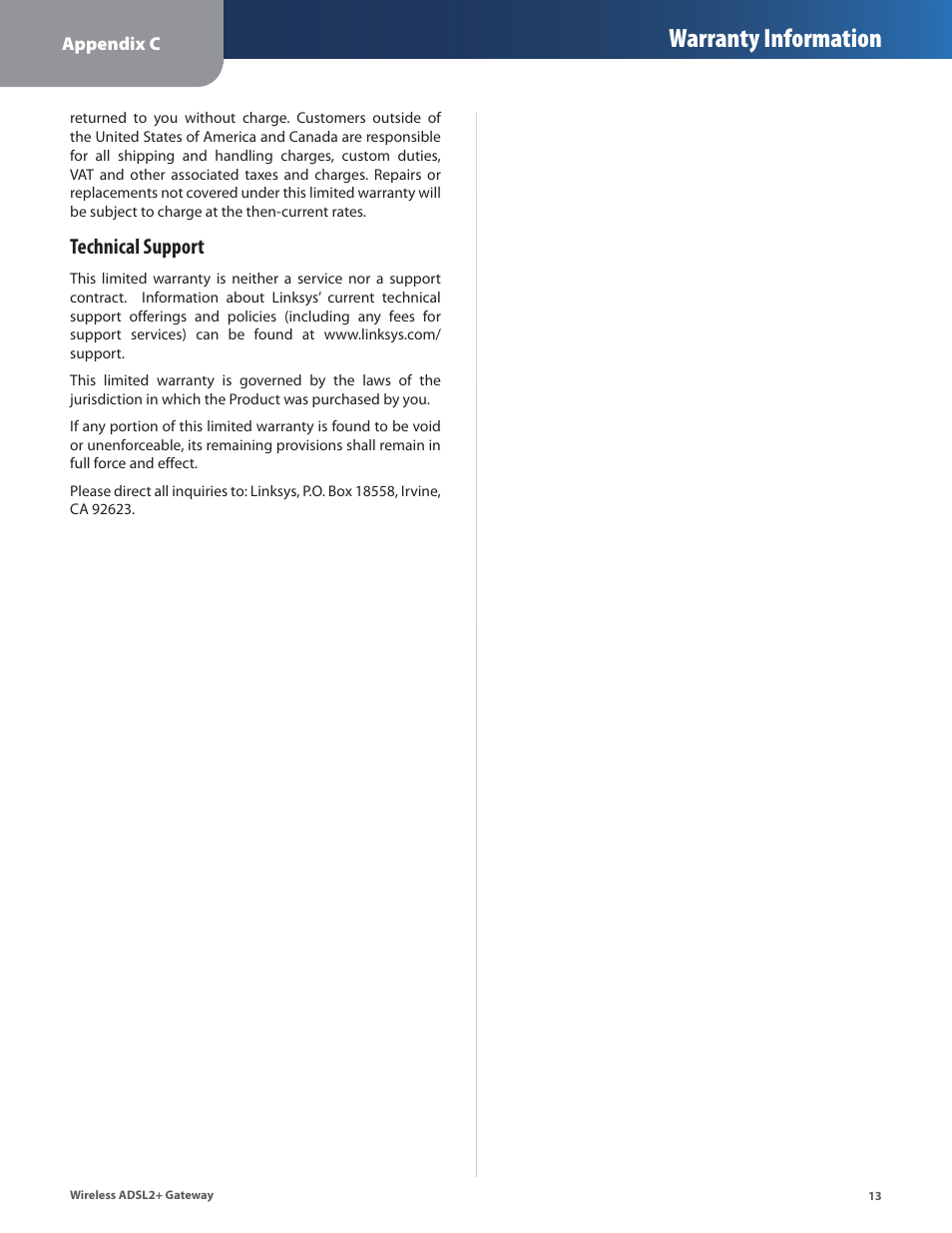 Warranty information, Technical support | Linksys WAG54G2 User Manual | Page 16 / 33