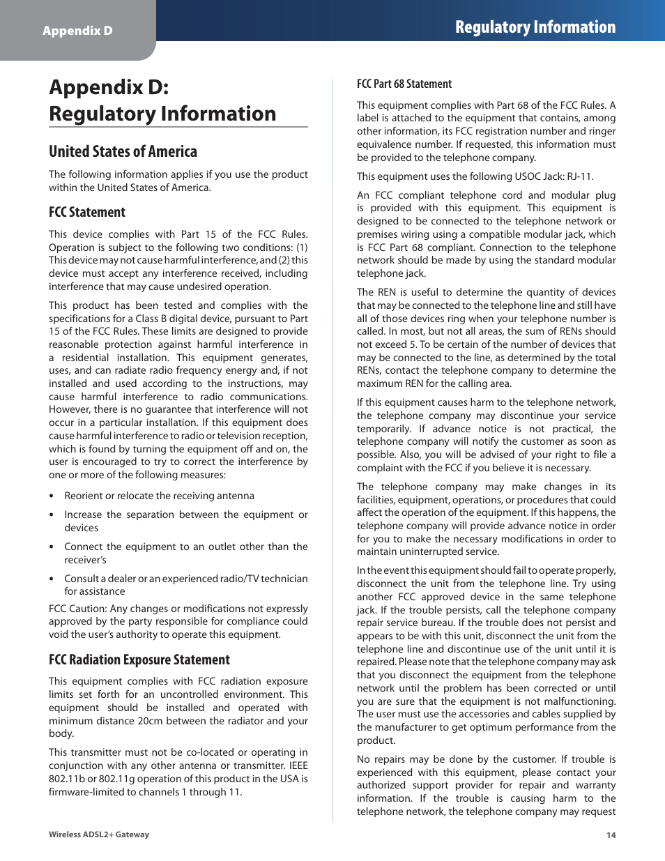 Appendix d: regulatory information, United states of america, Regulatory information | Fcc statement, Fcc radiation exposure statement | Linksys WAG54G2 User Manual | Page 17 / 33