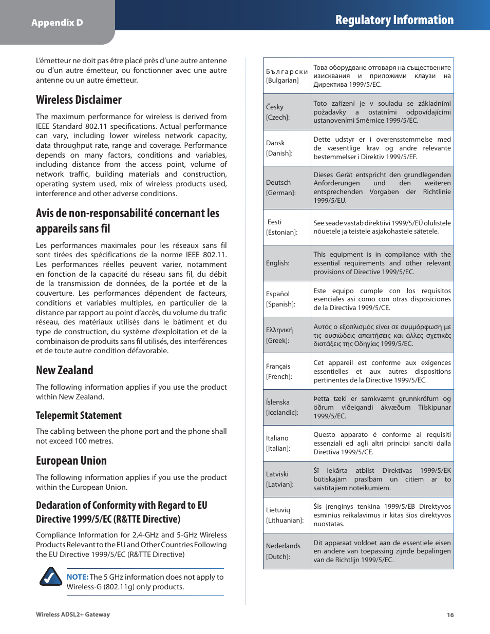 Wireless disclaimer, New zealand, European union | Regulatory information, Telepermit statement | Linksys WAG54G2 User Manual | Page 19 / 33