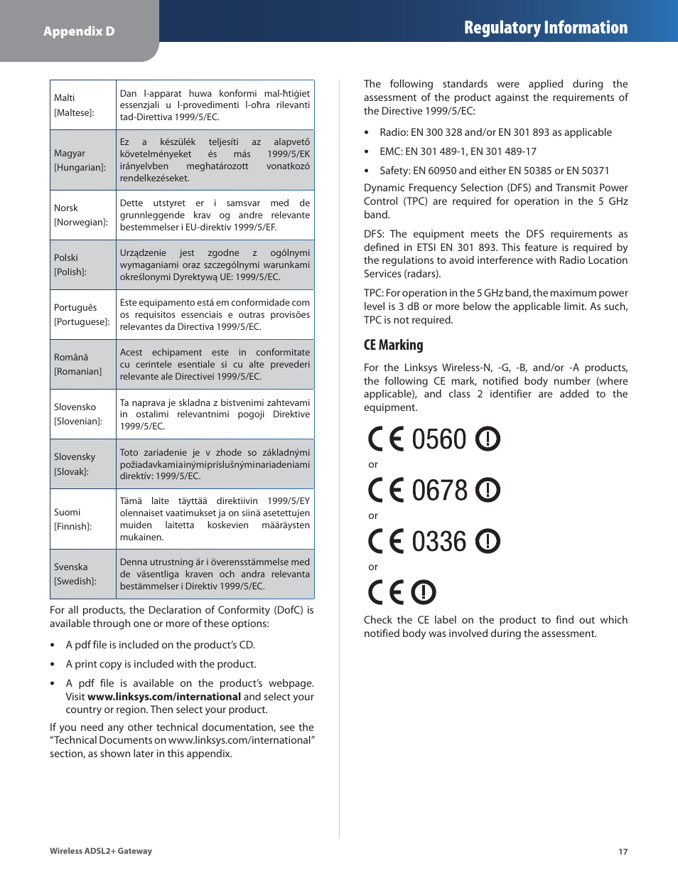 Regulatory information, Ce marking, Appendix d | Linksys WAG54G2 User Manual | Page 20 / 33